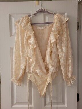Astr Cream Ruffle Wrap Floral Jacquard Bodysuit